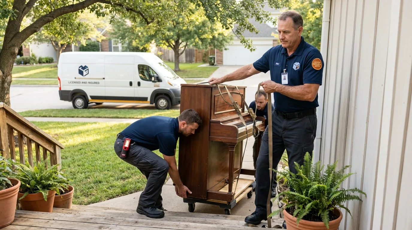 Licensed piano movers securing grand piano in San Luis, CO