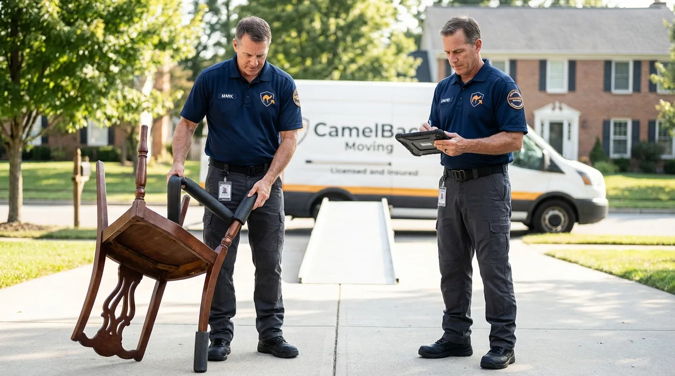Movers inspecting furniture for damage prevention before loading in San Luis, CO