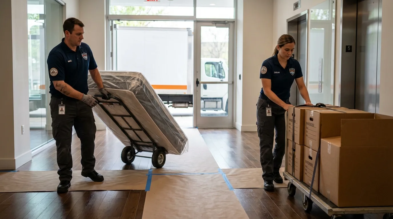 Professional apartment movers loading elevator in San Luis, CO