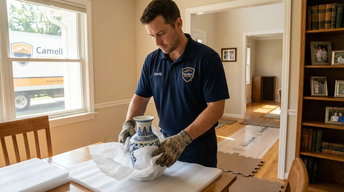Professional crew carefully wrapping antique vase for senior downsizing move in San Luis, CO