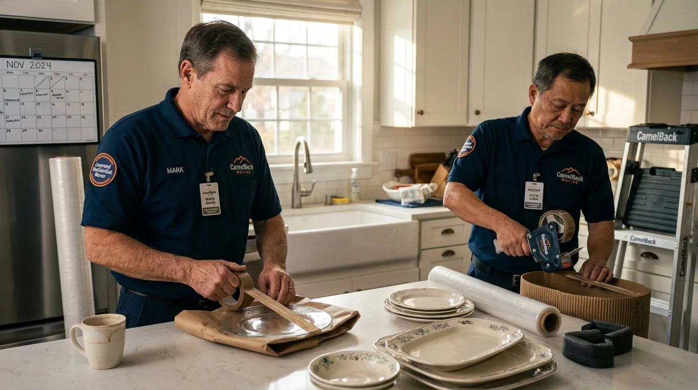 Professional crew packing kitchen dishware in San Luis, CO